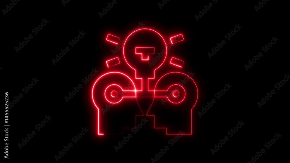 Poster neon heads connecting with bright lightbulb idea symbolizing brainstorming