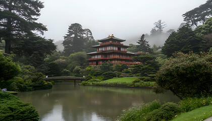 Fototapeta premium Serene Japanese tea house nestled in lush greenery, reflected in a calm pond. Misty atmosphere adds tranquility.