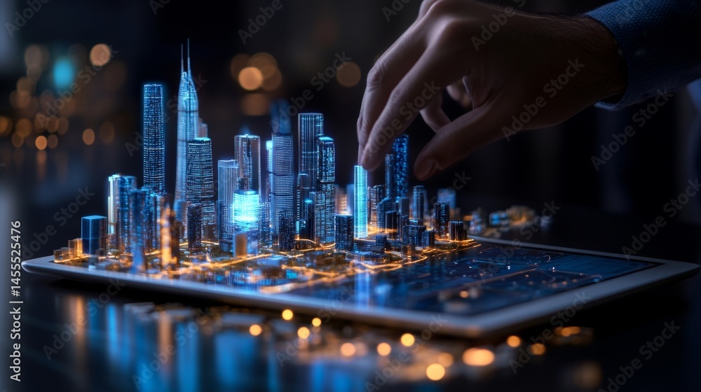 Poster a person interacting with a tablet, while a floating ai screen projects a d model of a city, perfect