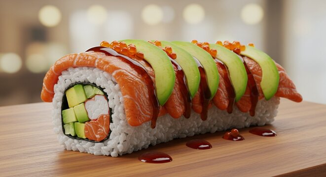 Delicious salmon avocado sushi roll with rice and tobiko raw red eat food meal maki asia tasty fresh
