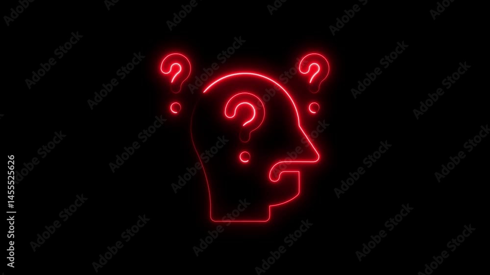 Aufkleber animated red neon brain with question marks suggesting uncertainty and pondering