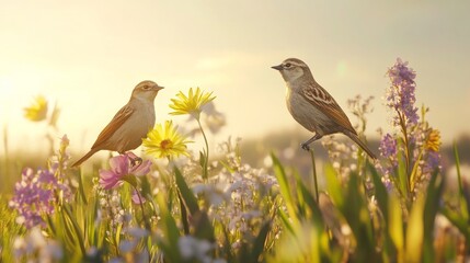 A spring morning with birds chirping, blooming flowers, and a clear sky, symbolizing renewal and growth