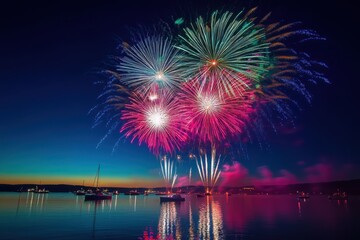 Vibrant Fireworks Display Over Calm Water at Night