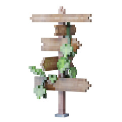 Pixelated wooden road sign with vines.