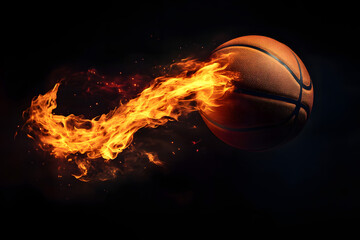 Basket ball in flame goes fast to the basket	