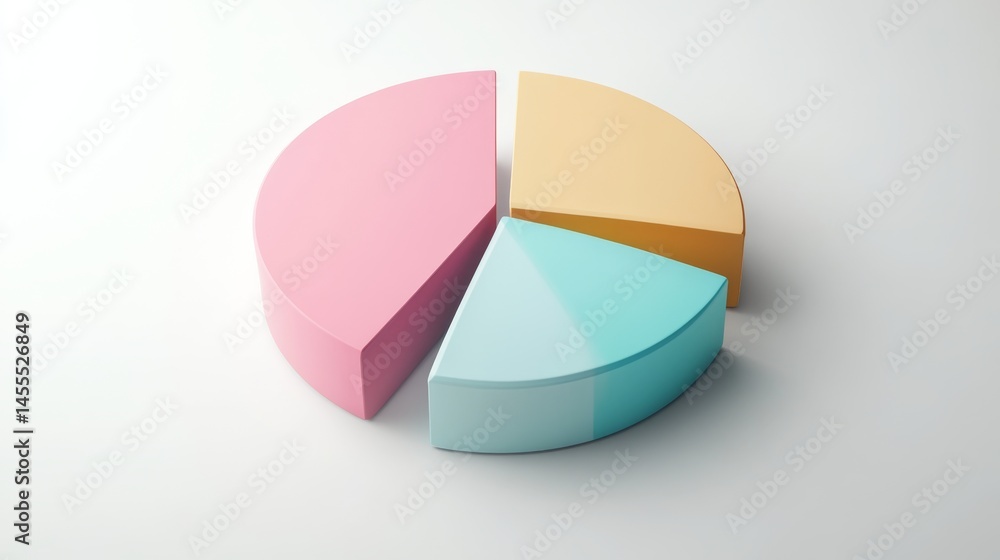 Poster clean isometric d pie chart in four soft color parts, placed on a white surface for business use
