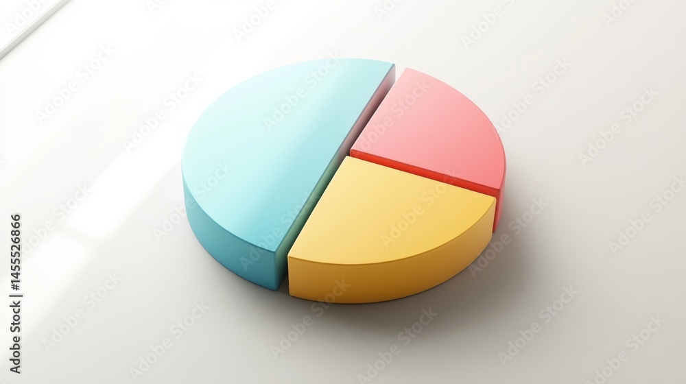 Poster clean isometric d pie chart in four soft color parts, placed on a white surface for business use