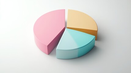 Clean isometric D pie chart in four soft color parts, placed on a white surface for business use
