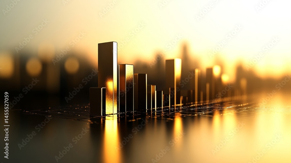 Poster glossy d bar chart with geometric alignment and soft lighting, against a plain background for a clea