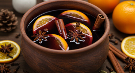 Mulled wine in a rustic pot, surrounded by spices, orange slices