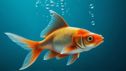 Naklejka premium Vibrant Goldfish Swimming Underwater with Air Bubbles on Blue Background, High-resolution image of a brightly colored goldfish swimming gracefully underwater, surrounded by air bubbles.