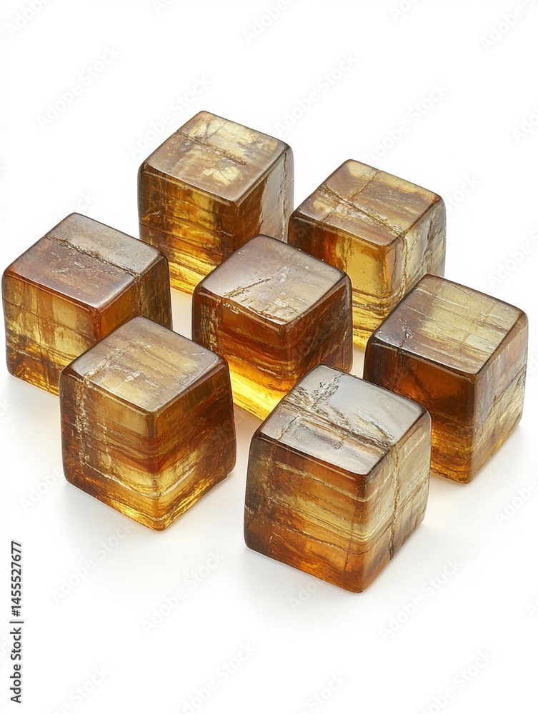Poster seven amber cubes on a white surface, transparent with internal striations and subtle rounded edges