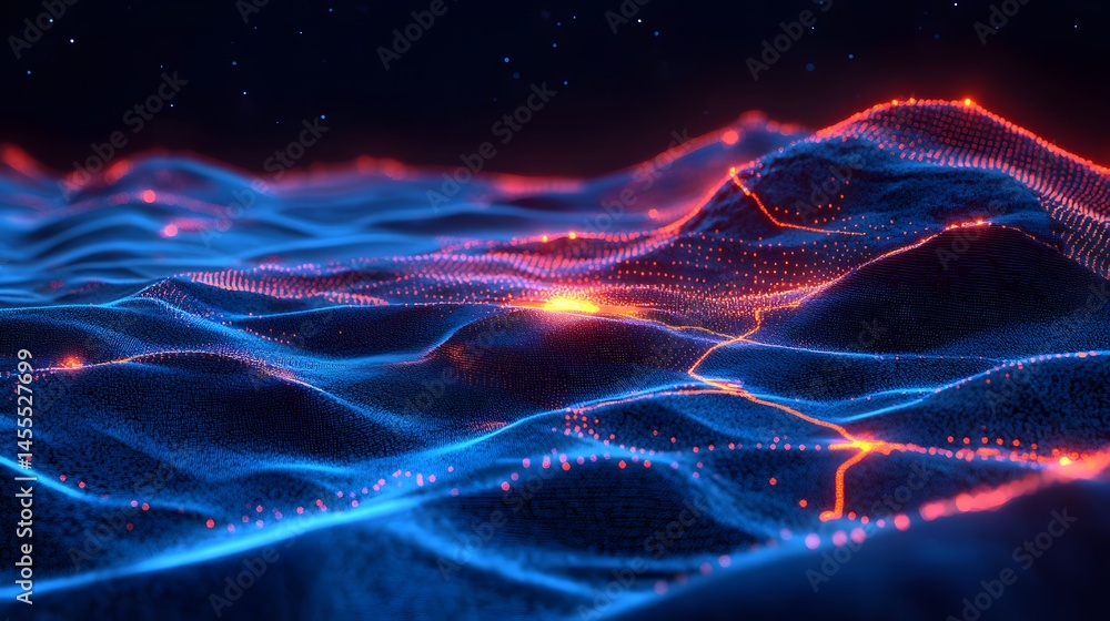 Fototapete abstract digital landscape with red-orange peaks in a dark blue setting. points of light create an u