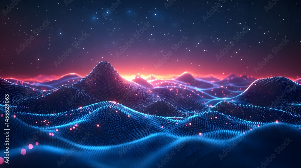 Aufkleber abstract landscape of blue dotted waves under a starry night, transitioning from warm orange to deep