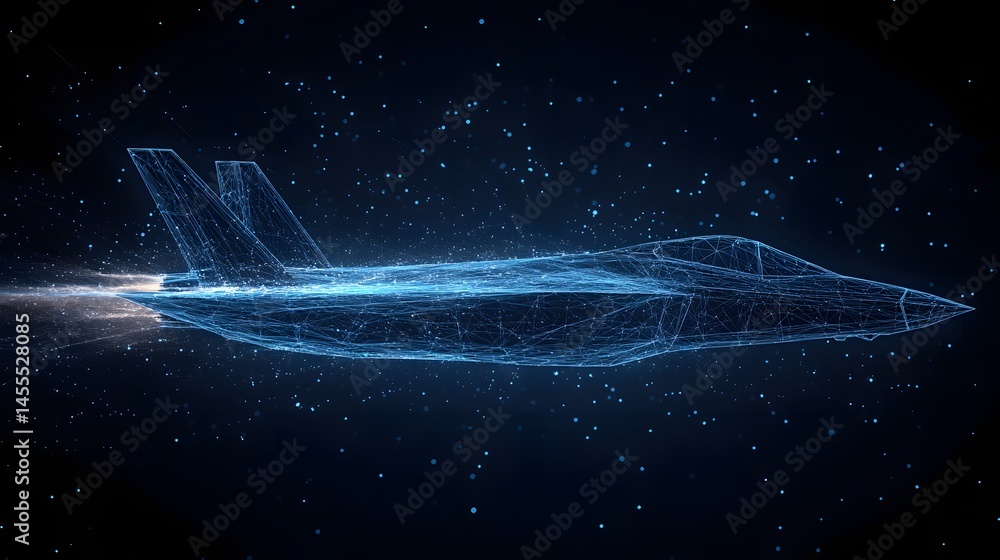 Poster Futuristic fighter jet soaring through digital space. Blue hues and particle effects create a high-tech, dynamic image. Abstract Digital low-poly wireframe connected dots in dark blue.