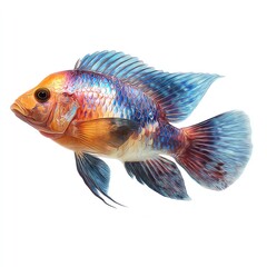 Spectacular Aquatic Jewel A Vivid Cichlid Fish, Swims Gracefully Against a Pristine White Background