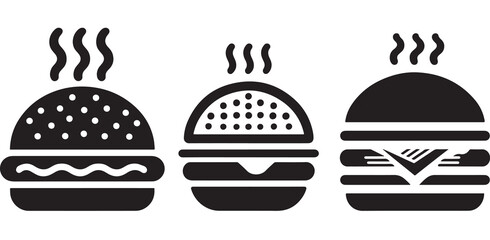 Burger icon or logo set. Hot hamburger black silhouette. Fast food black symbol. Vector illustration. stock illustration.