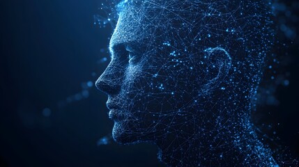 Futuristic blue wireframe head, a digital representation of human form against dark blue. AI, neural networks themes, tech concept. Abstract Digital low-poly wireframe connected dots in dark blue