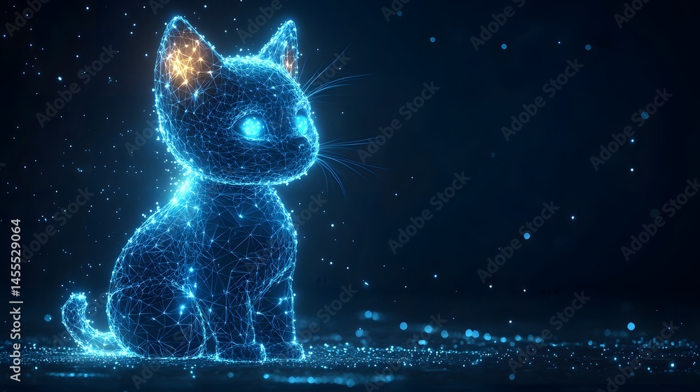 Poster a radiant, digital blue cat sits, glowing with ethereal light. its wireframe form and bokeh backdrop