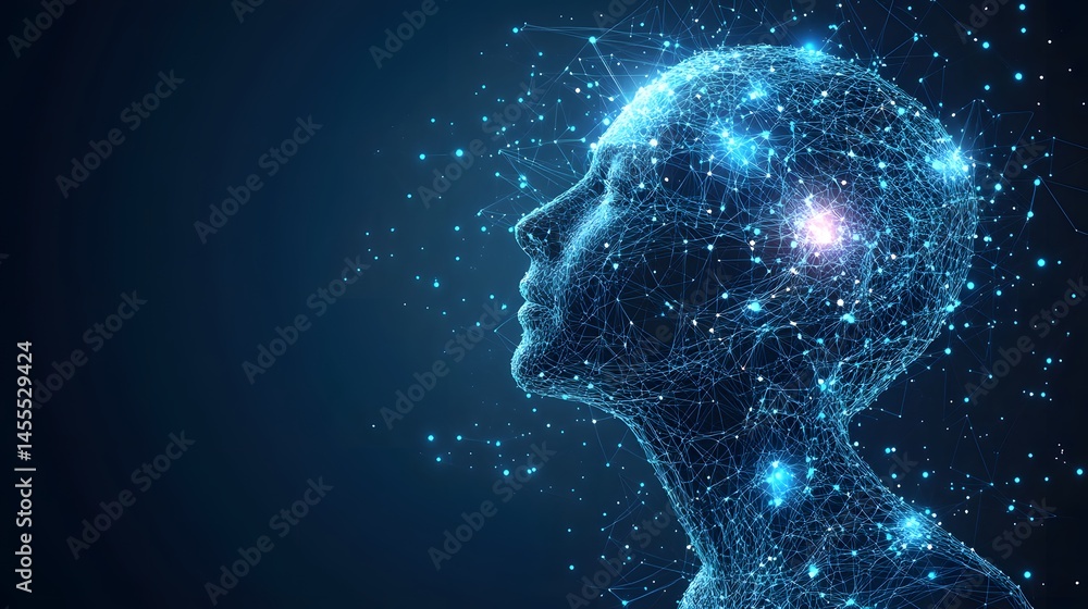 Poster abstract digital representation of human intelligence or ai. a glowing network forms the head and to