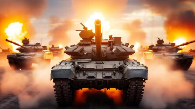 Tank Platoon in Combat: A powerful image depicting a platoon of tanks advancing through a fiery battlefield, smoke and flames billowing around them as the sun sets in the background.