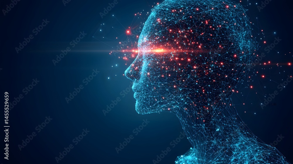 Poster Digital human profile featuring glowing red nodes and a beam of light, symbolizing AI and advanced technology. Abstract Digital low-poly wireframe connected dots in dark blue.