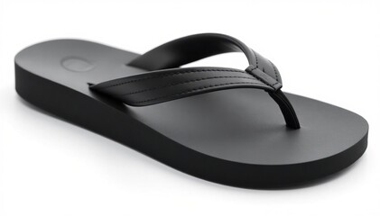 Single black flip-flop on white background, close-up view, image, accessory