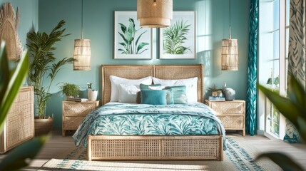 Rattan bed, teal accents, leafy prints, and woven lighting give this airy bedroom a tropical feel