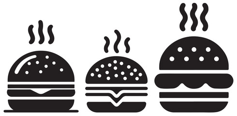 Burger icon or logo set. Hot hamburger black silhouette. Fast food black symbol. Vector illustration. stock illustration.