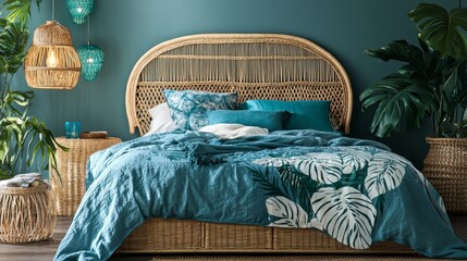 Rattan bed, turquoise pillow, leafy prints, woven lights