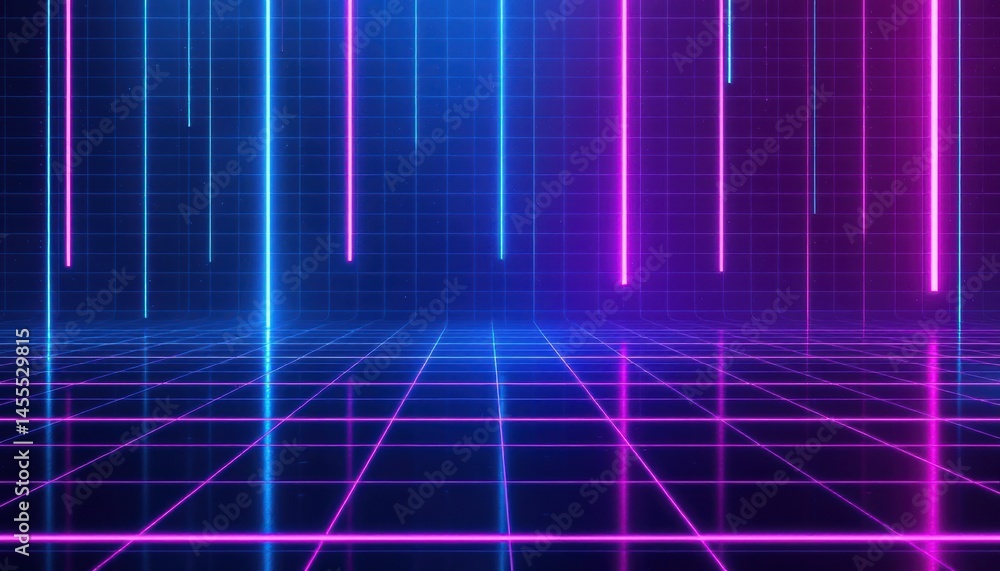 Poster futuristic neon grid with vertical light bars creating a retro aesthetic background
