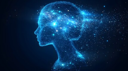 Fototapeta premium Futuristic glowing figure. Neural network concept. Depicts intelligence, connection, and technology. Abstract Digital low-poly wireframe connected dots in dark blue