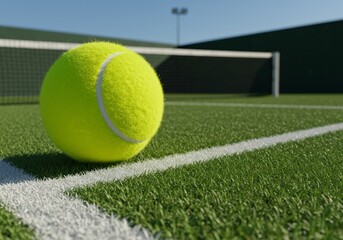 Yellow Tennis Ball on Green Court Ready for Play on Sunny Day