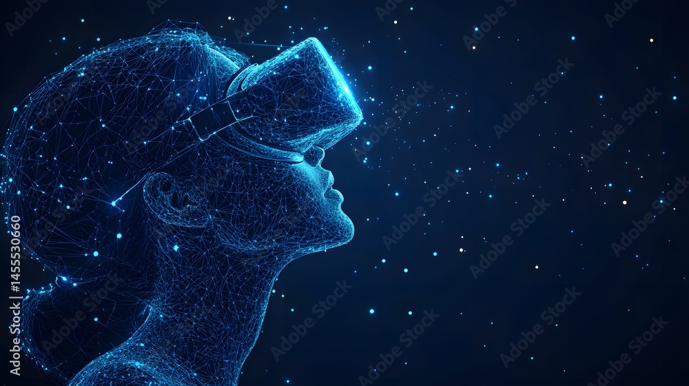 Aufkleber Futuristic VR user immersed in virtual reality. A digital persona exploring immersive technology, high tech connectivity, innovation. Abstract Digital low-poly wireframe connected dots in dark blue.