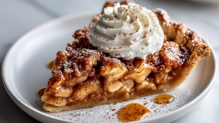 Delicious Apple Pie Slice with Whipped Cream and Cinnamon Sprinkles