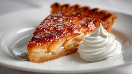 Delicious Slice of Glazed Fruit Pie with Whipped Cream on a White Plate