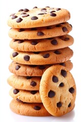 Stack of Delicious Chocolate Chip Cookies on White Background for Dessert or Snack Concept