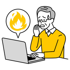 SNSが炎上して困惑している年配の男性（ノートパソコン）
