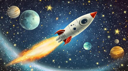 Rocket Ship Soaring Through Colorful Space Among Planets