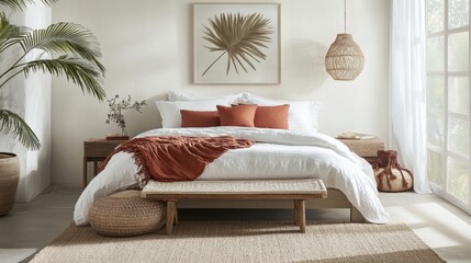 White bedding, rust pillows, woven pendant, jute rug, and palm leaf artwork craft a calm