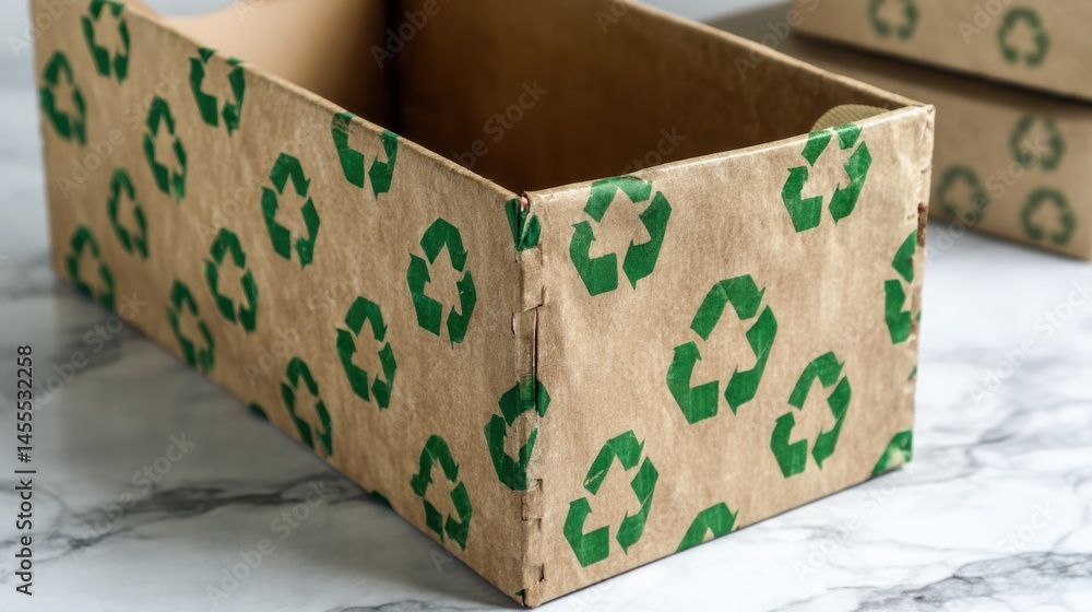 Poster large craft paper box featuring green recycling symbols placed on a marble surface in a clean and or