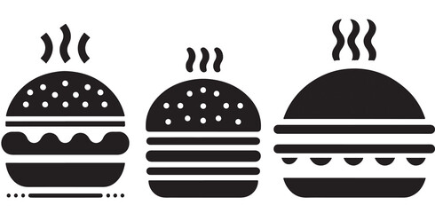 Burger icon or logo set. Hot hamburger black silhouette. Fast food black symbol. Vector illustration. stock illustration.