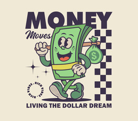 Retro cartoon character of money in a colorful vector illustration, perfect for graphic t-shirt prints, posters, or vintage-themed designs