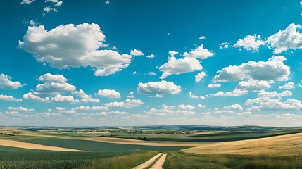 Rolling Hills Farmland Under a Blue Sky