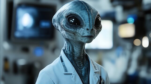 Grey alien in lab coat side angle sterile light sleek metal tools scientific setting curious posture advanced tone