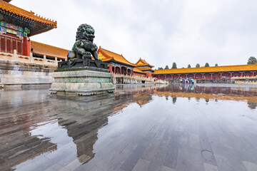 Bronze lions in front of the Taihe Gate of the Forbidden City in Beijing, China