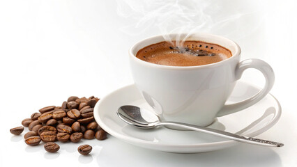 Fototapeta premium Artisanal Coffee Cup with Beans on White Background