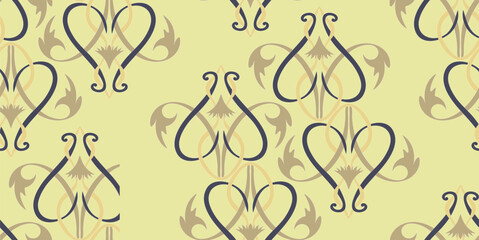 On a yellow background, there are stylized plants of purple and light brown tones, reminiscent of Old Russian painting.
