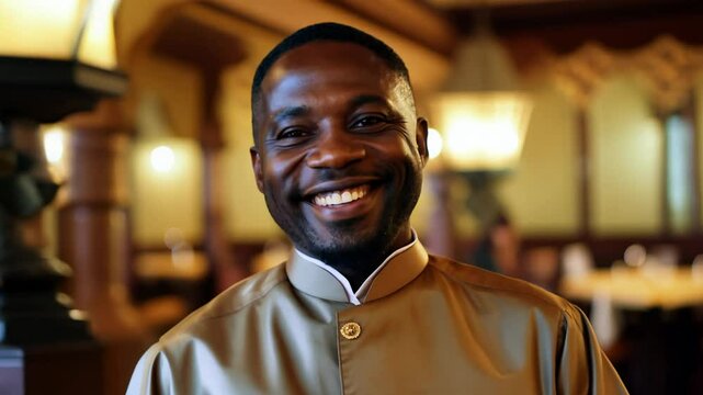 The camera slowly zooms in as a middle-aged nigerian man in agbada walks confidently, facing the camera, through a dimly lit, traditional restaurant