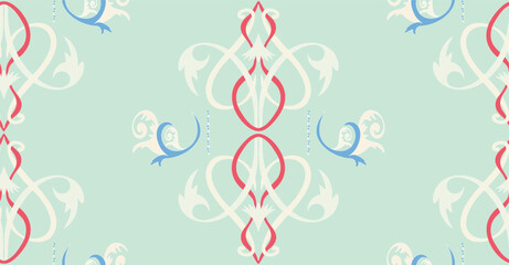 On a bluish-green background, there are stylized plants of milky, red, blue tones, reminiscent of ancient Russian painting.